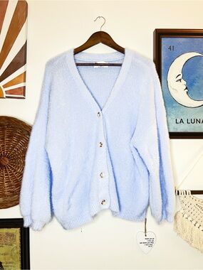 No Boundaries Pastel Blue V-Neck Fuzzy Button Cardigan